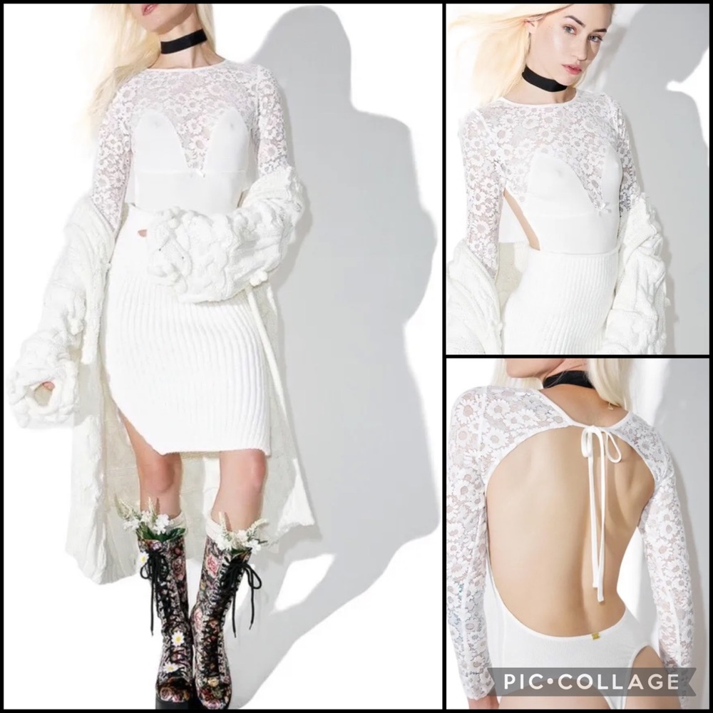 For Love and Lemons Skivvies White Crochet Lace Daisy Ribbed Open Back Bodysuit